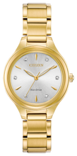 Load image into Gallery viewer, The CITIZEN Corso collection offers a classic, contemporary style for the simple watch wearer. A functional simplicity with a touch of elegance. Featured in gold-tone stainless steel with a complimentary silver-white dial with diamond accents. Featuring our Eco-Drive technology – powered by light, any light. Never needs a battery. Caliber number J730.