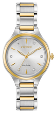 Load image into Gallery viewer, The CITIZEN Corso collection offers a classic, contemporary style for the simple watch wearer. A functional simplicity with a touch of elegance. Featured in gold-tone stainless steel with a complimentary silver-white dial with diamond accents. Featuring our Eco-Drive technology – powered by light, any light. Never needs a battery. Caliber number J730.