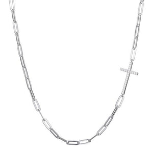 Sideways Cross Crystal 3mm 17" Paperclip Necklace