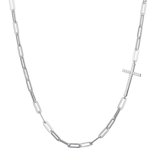 Sideways Cross Crystal 3mm 17" Paperclip Necklace