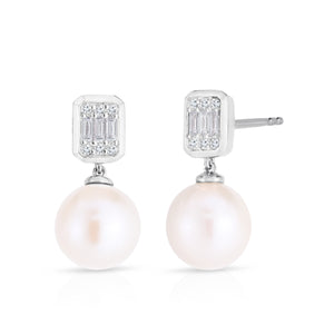 Emerald Illusion Diamond and Pearl Drop Earrings