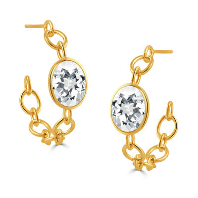 18K Yellow Gold Chain Link Hoop Earring with White Topaz
