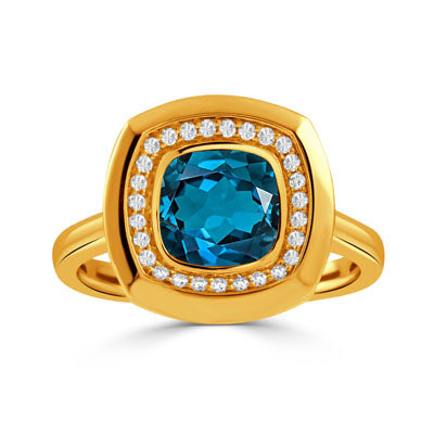 18K YELLOW GOLD DIAMOND RING WITH LONDON BLUE TOPAZ