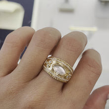 Load and play video in Gallery viewer, BYZANTINE 18K YELLOW GOLD DIAMOND RING WITH CABUCHON CUT CLEAR QUARTZ OVER WHITE MOTHER OF PEARL
