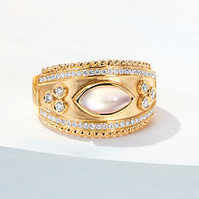 Load image into Gallery viewer, BYZANTINE 18K YELLOW GOLD DIAMOND RING WITH CABUCHON CUT CLEAR QUARTZ OVER WHITE MOTHER OF PEARL
