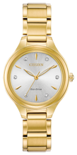 Load image into Gallery viewer, The CITIZEN Corso collection offers a classic, contemporary style for the simple watch wearer. A functional simplicity with a touch of elegance. Featured in gold-tone stainless steel with a complimentary silver-white dial with diamond accents. Featuring our Eco-Drive technology – powered by light, any light. Never needs a battery. Caliber number J730.
