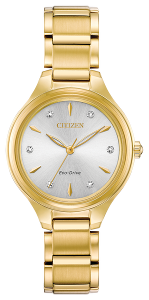The CITIZEN Corso collection offers a classic, contemporary style for the simple watch wearer. A functional simplicity with a touch of elegance. Featured in gold-tone stainless steel with a complimentary silver-white dial with diamond accents. Featuring our Eco-Drive technology – powered by light, any light. Never needs a battery. Caliber number J730.