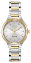 Load image into Gallery viewer, The CITIZEN Corso collection offers a classic, contemporary style for the simple watch wearer. A functional simplicity with a touch of elegance. Featured in gold-tone stainless steel with a complimentary silver-white dial with diamond accents. Featuring our Eco-Drive technology – powered by light, any light. Never needs a battery. Caliber number J730.
